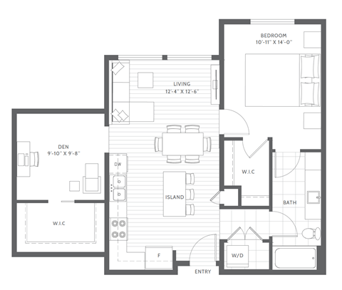 Floor plan for 1 bed, 1 bath, 851 sqft